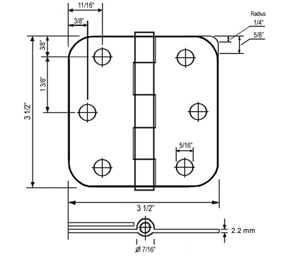 3 1/2" Hinges 5/8" Radius Satin Nickel