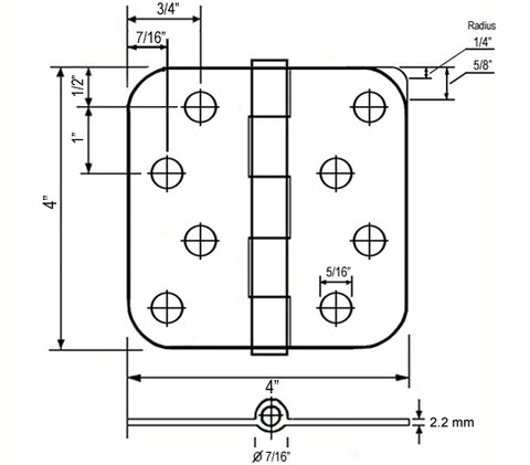 Door hinge technical drawing with 4 inch height, width, and 5/8 inch radius measurements