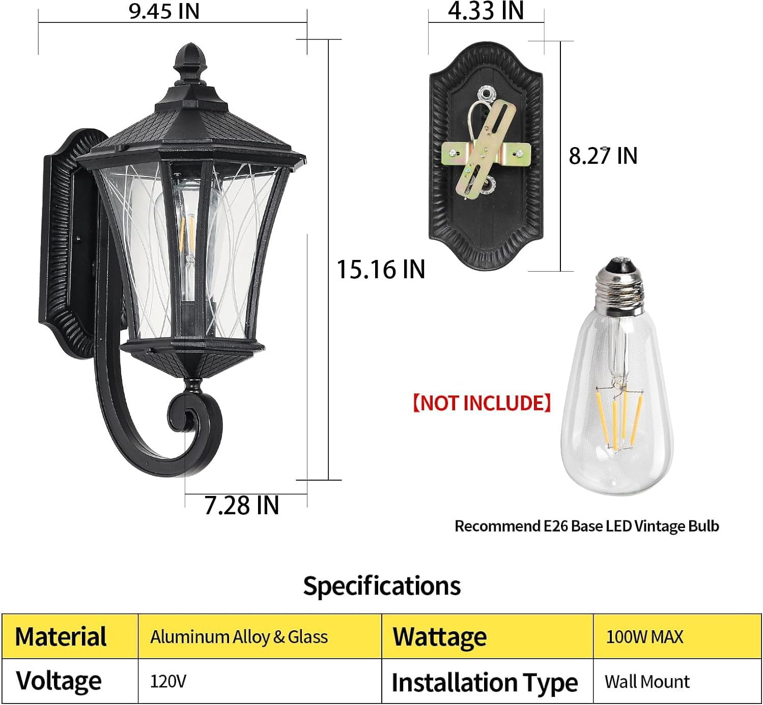 Water proof Exterior Wall Light Fixtures with Clear Glass 2PK