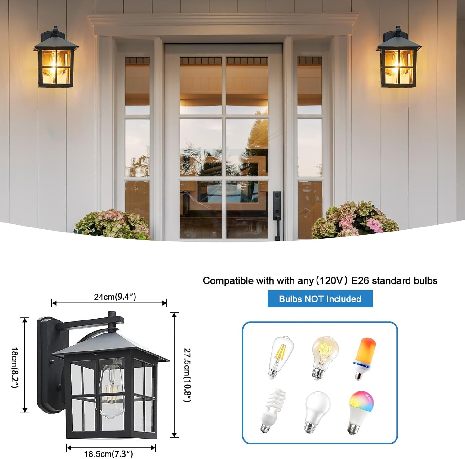 2 Pack Black Outdoor Wall Light Waterproof Aluminum Wall Sconce