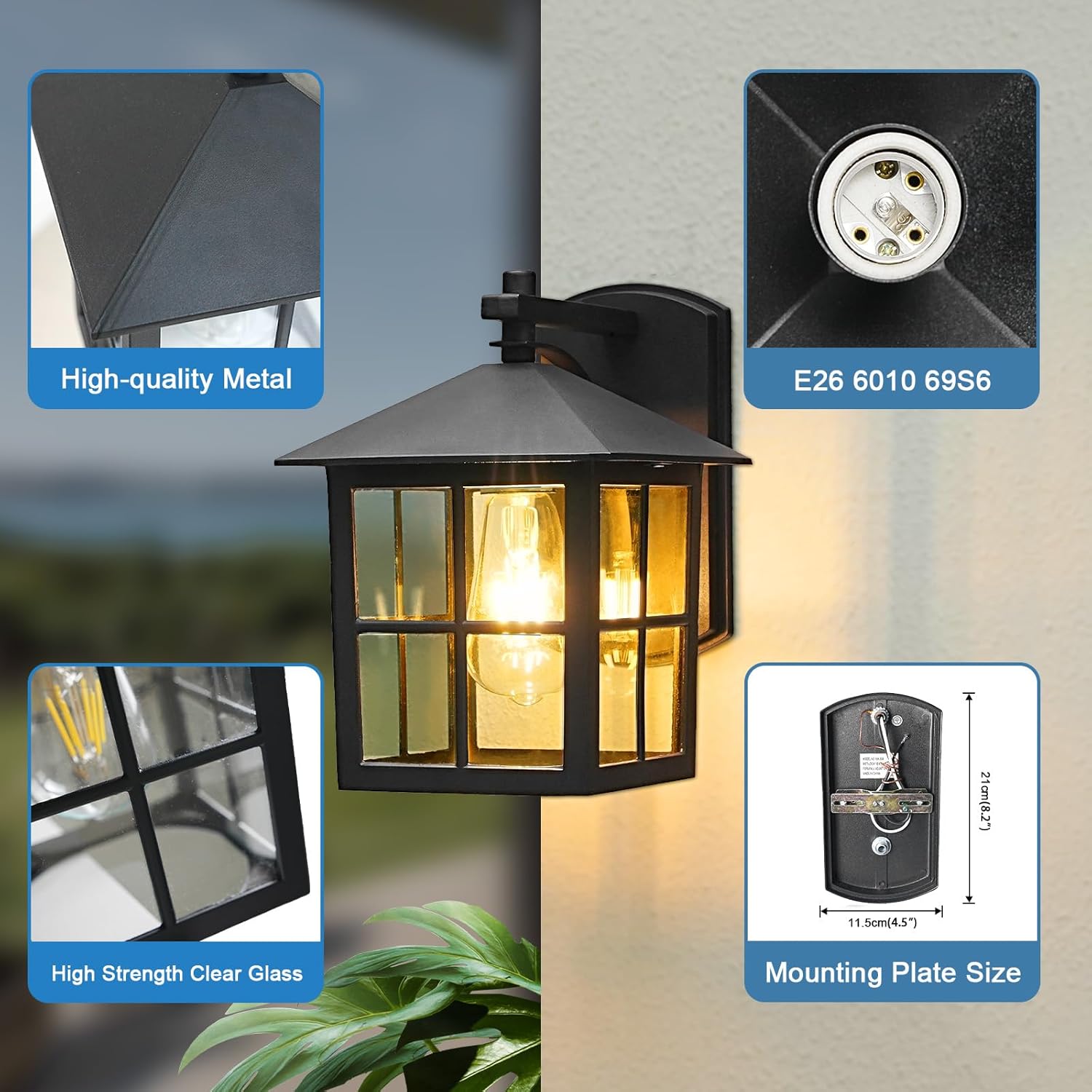 2 Pack Black Outdoor Wall Light Waterproof Aluminum Wall Sconce