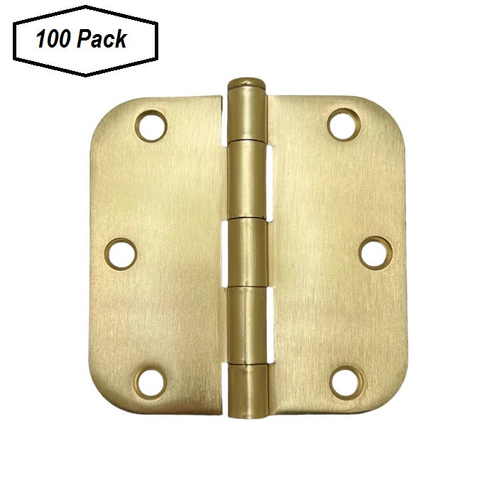 100 Pack of Satin Brass 3.5"x3.5" Door Hinges with 5/8" Radius