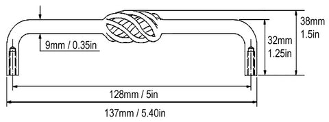 Technical drawing of birdcage pull with 128mm, 5-inch, 32mm and 1.25-inch dimensions