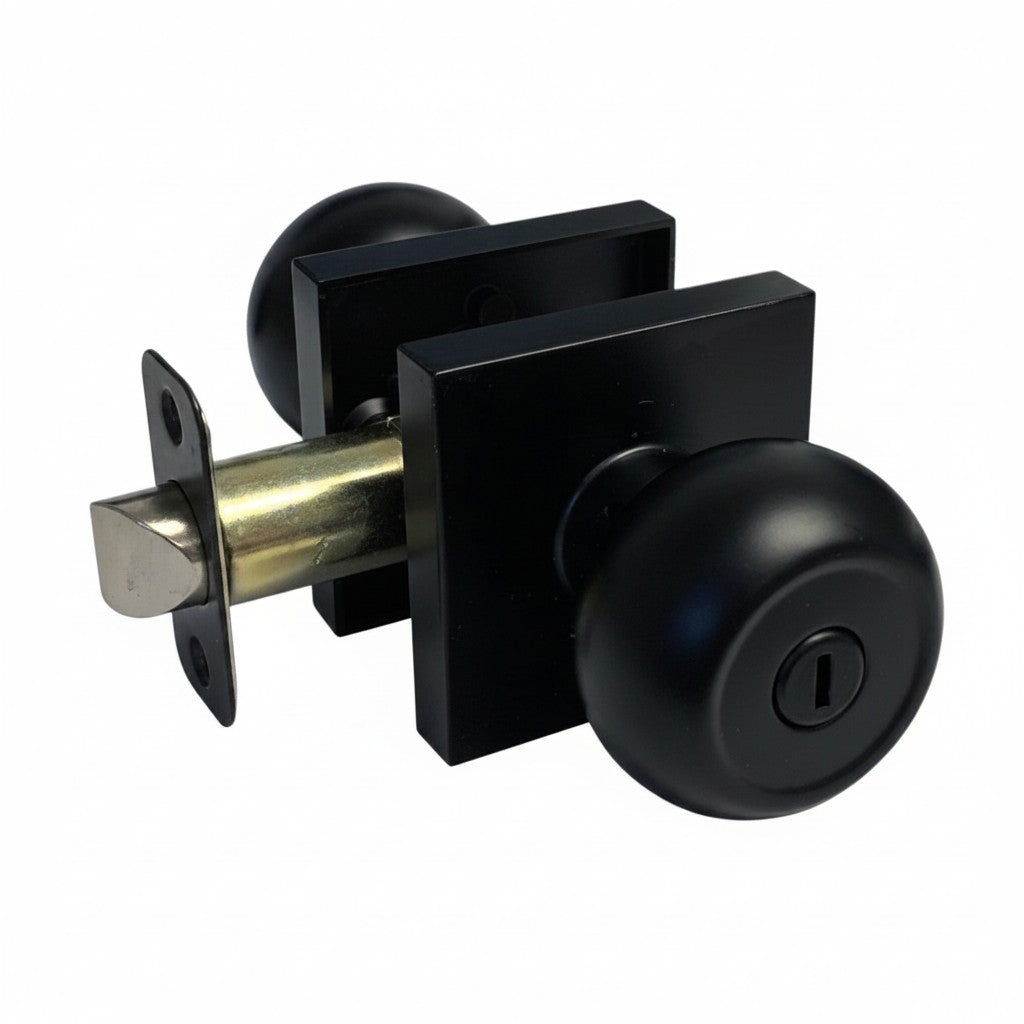 Black Finish Square Plate Privacy Round Knobs – Style: 5765-6085-NBL