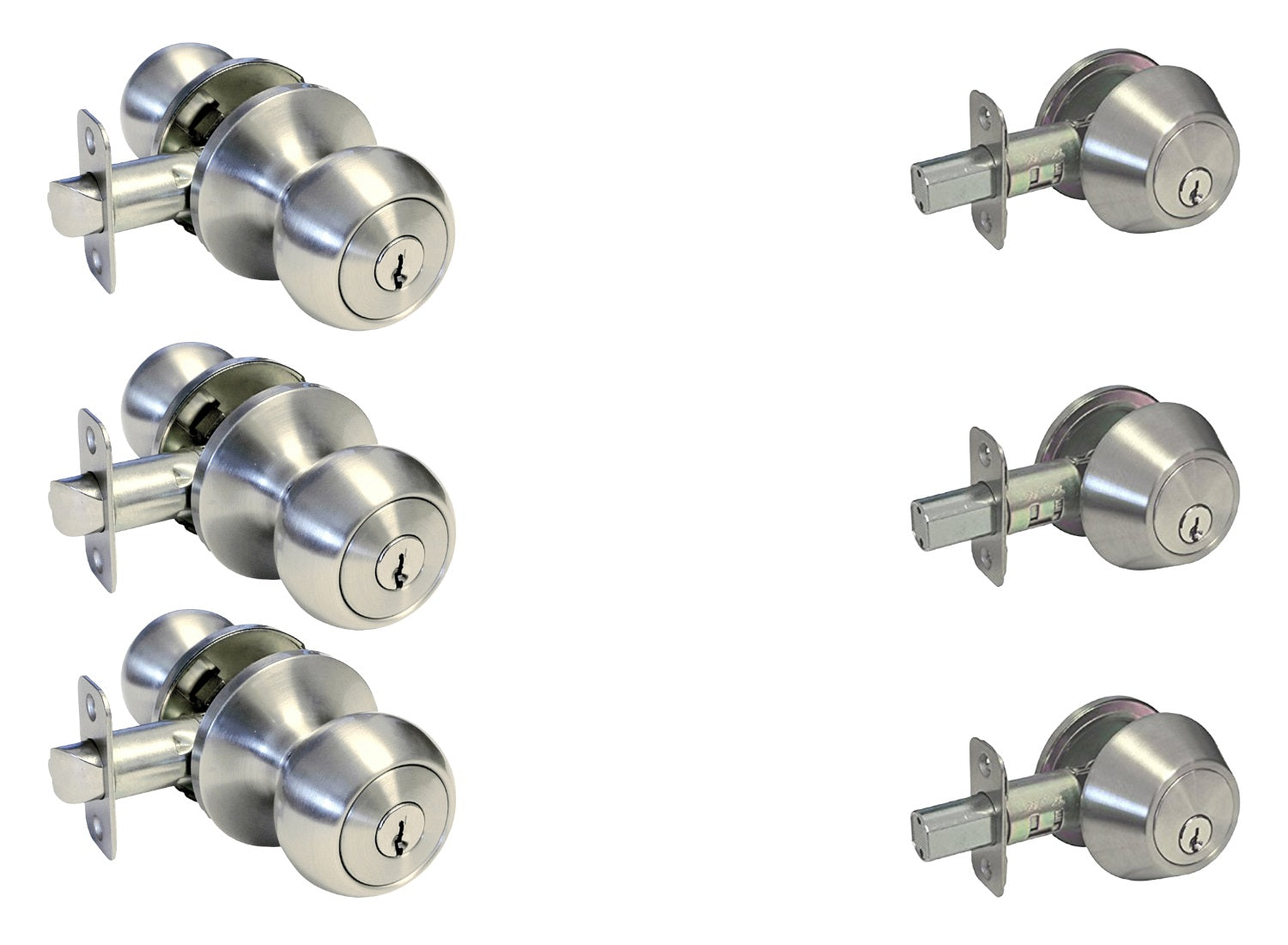 3 Pack- Contractor Pack 5765DC Satin Nickel Entry Knob/Deadbolt Combo Keyed Alike