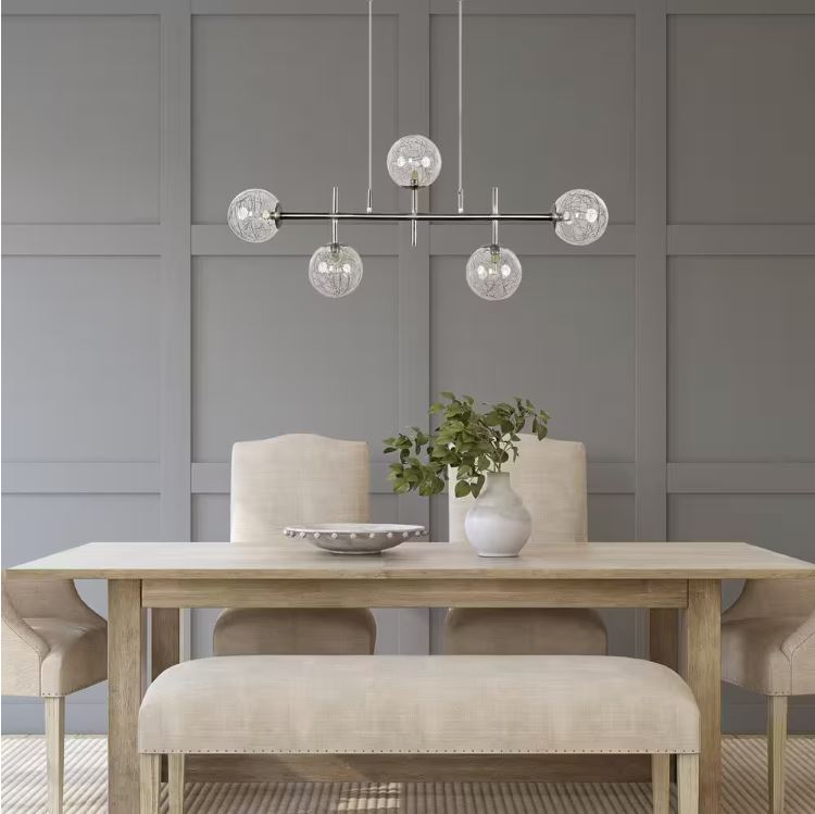 Decor Living Cora 5 Light Brushed Nickel Linear Island Chandelier for Kitchen or Dining Room