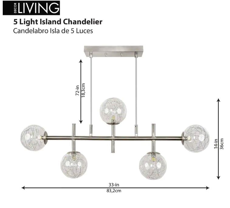 Decor Living Cora 5 Light Brushed Nickel Linear Island Chandelier for Kitchen or Dining Room