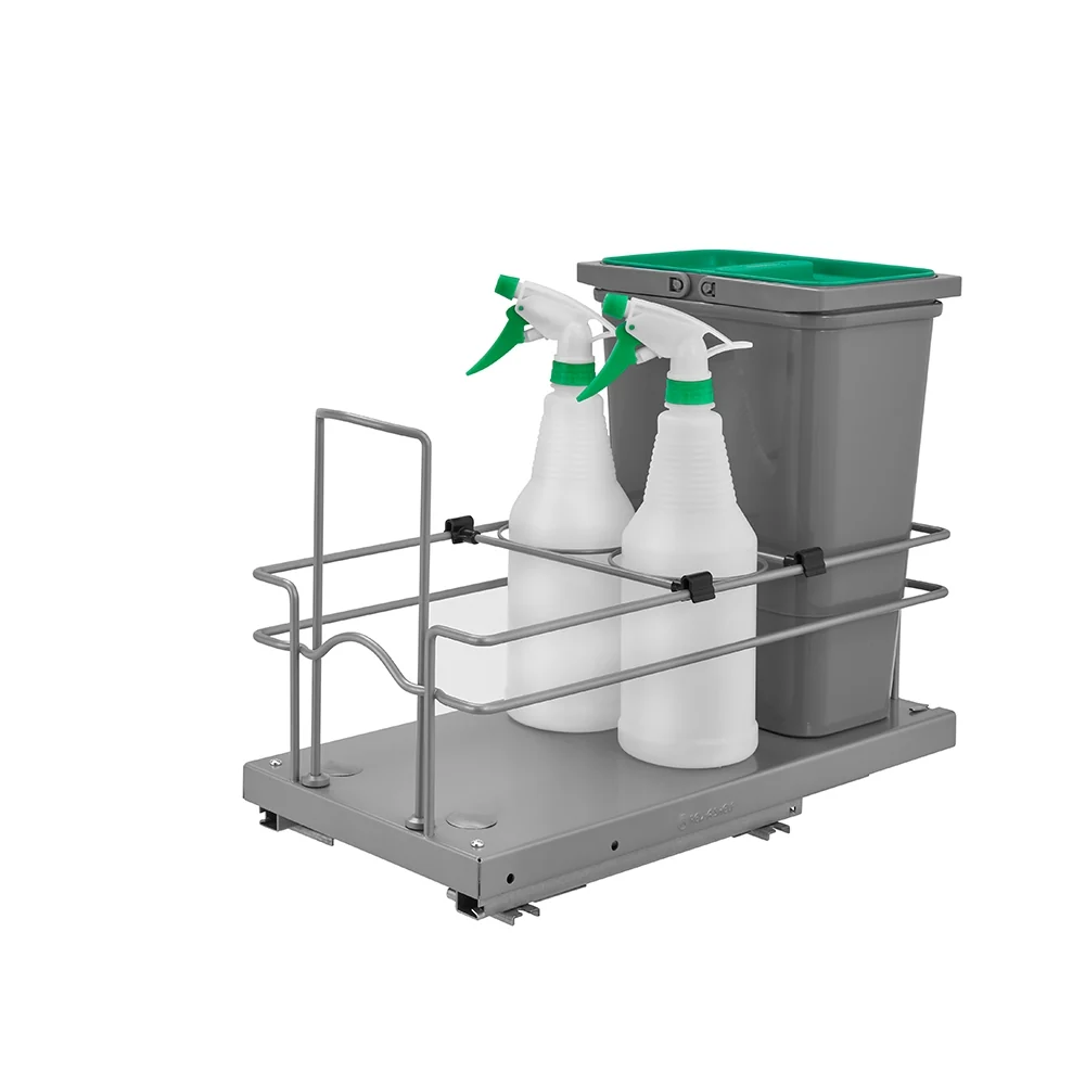 Single 8 L Metallic Silver Waste Container W/ (2) Spray Bottles &Amp; Soft-Close For 24″ Sink Base