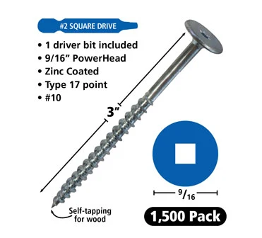#10 Power Head Screws Square Drive With Nibs Zinc Finish 17 Type 3″ Length