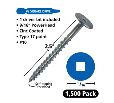 #10 Power Head Screws Square Drive With Nibs Zinc Finish 17 Type 2-1/2″ Length